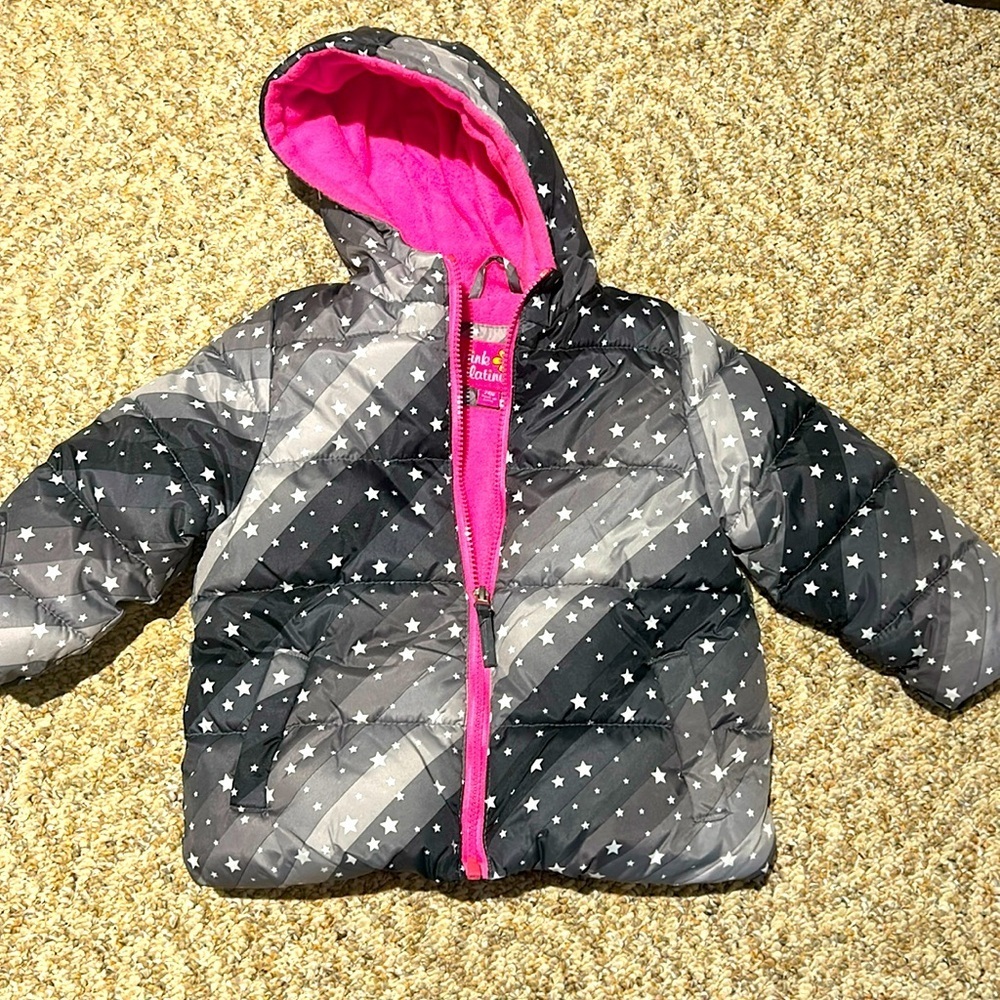 Pink Platinum fleece lined Puffy Hooded Jacket sz 24M Stars